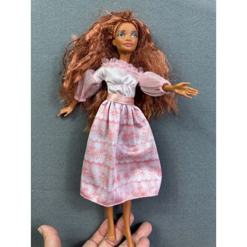 Barbie Doll Auburnโ Wavy Red Hair with Braids Pink Floral Puff Sleeve Dress